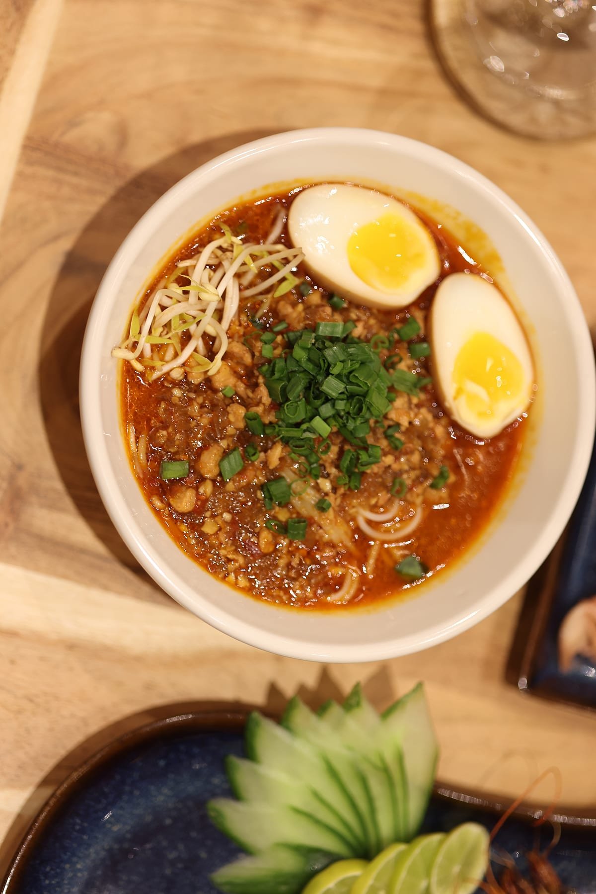 A bowl of ramen shot from above