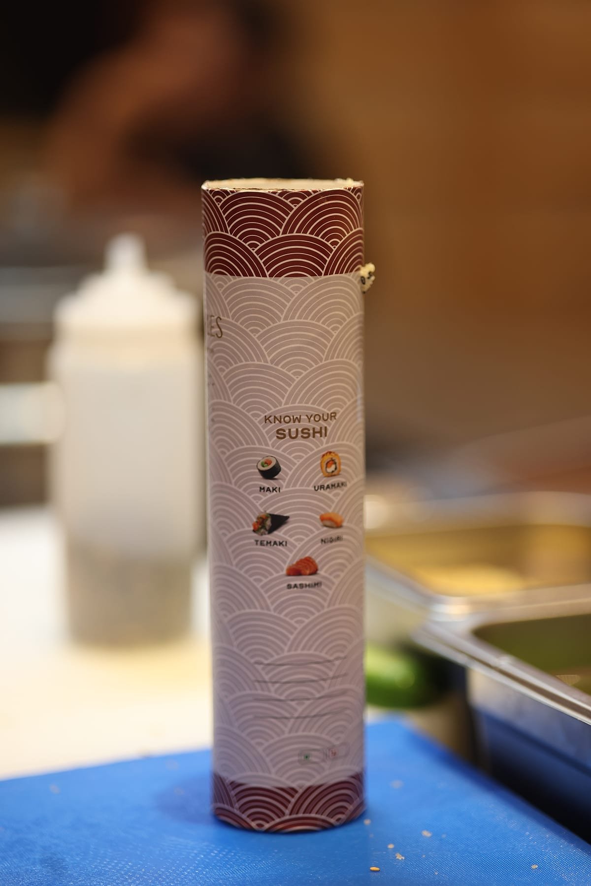 A sushi guide propped in the kitchen
